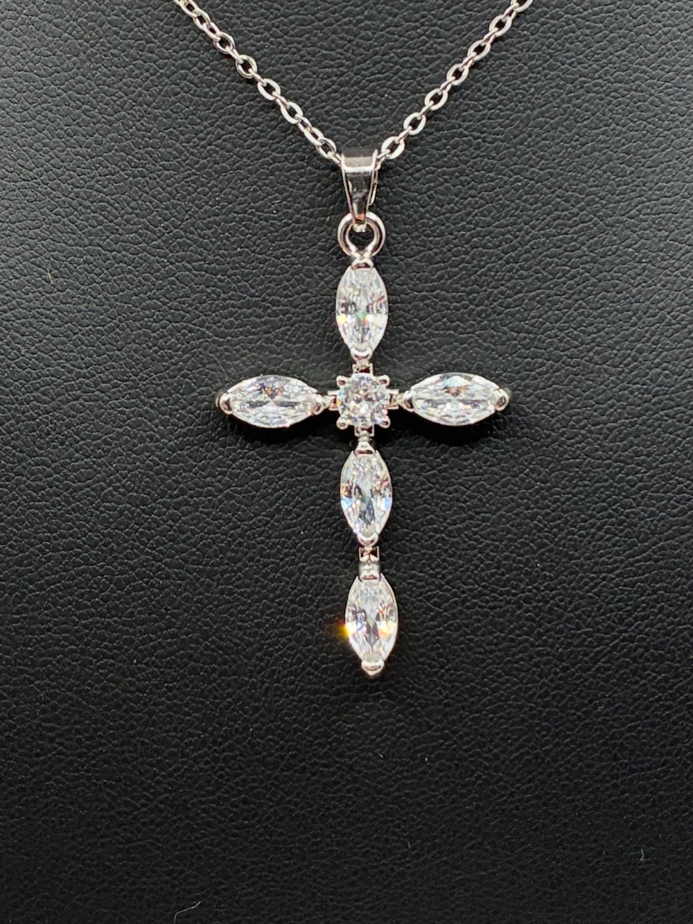 Sterling Silver Cross Pendant Necklace with Clear Marquise Cubic Zirconia